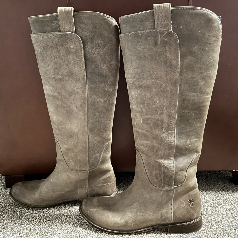 Frye Paige grey riding boots, size 9.